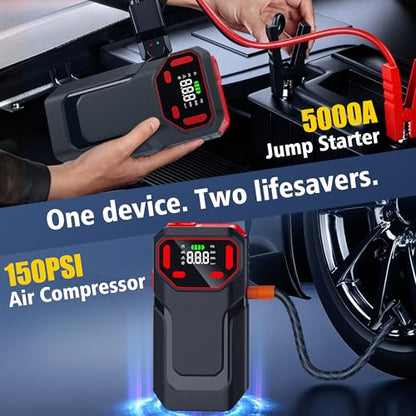 10-in-1 Jump Starter with Air Compressor,5000A Battery Jump Pack 150PSI | Jump Box((All Gas/12L Diesel) ),Spark-Proof & Reverse Polarity Protected, Portable Tire Inflator,LED Light