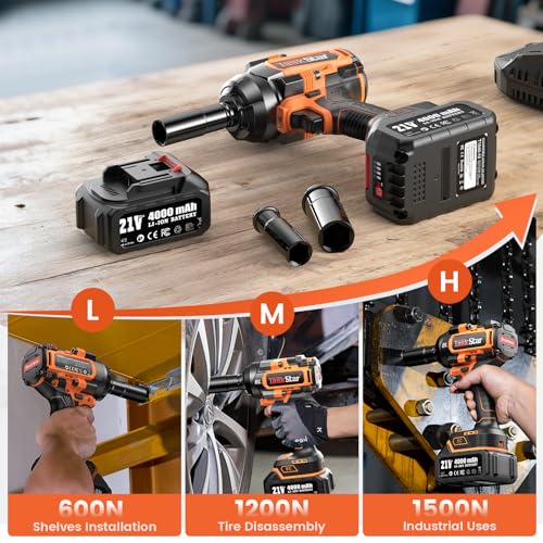 TaskStar 1500N.m 1/2" Cordless Impact Wrench for Auto Repair | 1110 ft-lbs max torque, 3-speed Mode, 21V 2×4.0Ah batteries & charger, 4 sockets, LED, impact gun for trucks/heavy equipment - style: 1500Nm