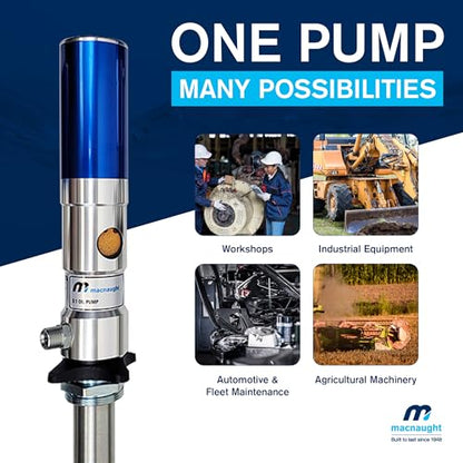 Macnaught M3 Series 5:1 Oil Transfer Pump. Air Operated Pneumatic 4GPM for 16 Gallon containers. Oils up to SAE 140W. Waste Oil, Coolant and ATF Compatible (NOT for Gasoline or Diesel)