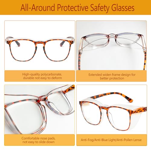 Feaglo Safety Glasses, Anti Fog Safety Goggles for Women Men, Blue Light Blocking Stylish Eye Protection Glasses Side Shield - color: Black+tea+transparent