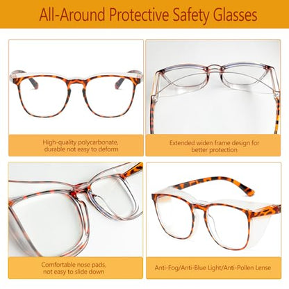 Feaglo Safety Glasses, Anti Fog Safety Goggles for Women Men, Blue Light Blocking Stylish Eye Protection Glasses Side Shield - color: Black+tea+transparent