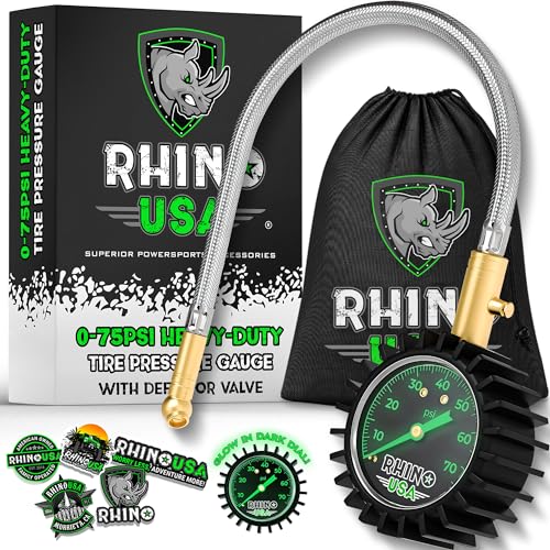 Rhino USA Heavy Duty Tire Pressure Gauge - ANSI Certified Glow Dial | ANSI B40.1 certified accurate, large 2in glow dial, 360° swivel head, solid brass hardware for car & truck tires. - size: 75 PSI Compact