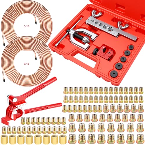 smseace 3/16 Inch+3/16 Inch Brake Line Flaring Tool Kit Include 25 FT Copper-Plated Brake Line Kit with 94pcs Fittings,8pcs Union,Tubing Bender,Double & Single Flare Tool,Cutter - color: Gold-B, size: 3/16inch+3/16inch