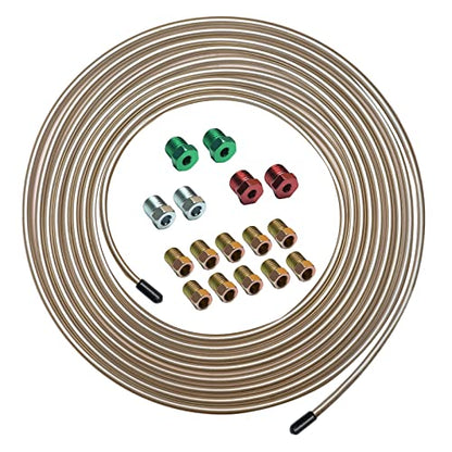 25ft 3/16 True Copper-Nickel Tubing Kit, 16 Fittings, SAE Inverted Flare | Anti-rust alloy construction, highly flexible to bend, direct swap for vehicle brake and fuel tubing - size: 3/16, 1 Kit