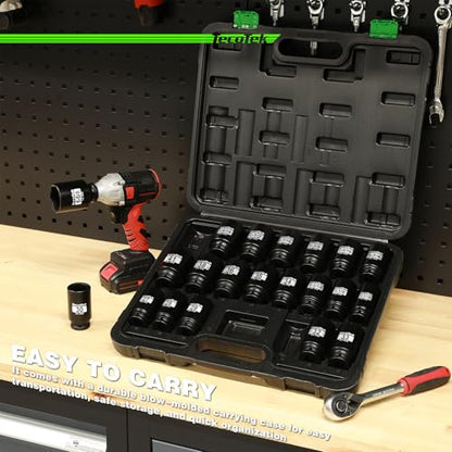 TecoTek 1/2" Drive Deep 6-Point Impact Socket Set, 21-Piece Spindle Axle Nut Impact Socket Set, CR-MO, SAE (1-1/16-Inch to 1-5/8-Inch) and Metric (27mm to 41mm) - size: 1-1/16-Inch to 1-5/8-Inch (21 pieces)