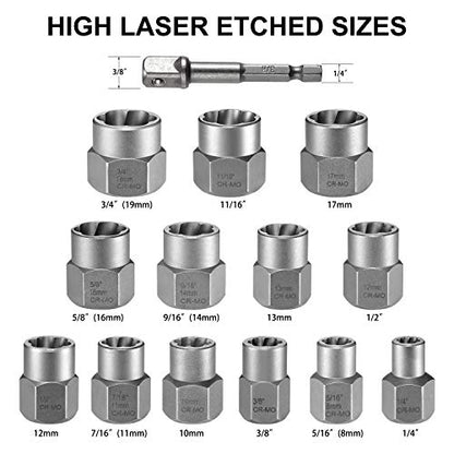 14-Piece Bolt Extractor Kit, 3/8" Drive Impact Bolt & Nut Remover Set | for Damaged, Rusted, Rounded-Off, Stripped Fasteners, 8-19mm, Cr-Mo Steel, Laser-Etched Marking, Storage Case - style: 13-Piece