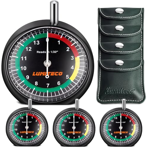 LUMITECO 4-Pack Tire Tread Depth Gauge, Dial Type Tire Depth Gauge Reads in 1/32" for Tread Wear, Professional Pocket Tire Gauge with Case for Truck, Motorcycle, Car and Bus Tyre in 32nds - size: 4-Pack