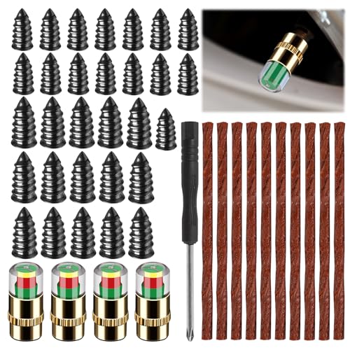 35PCS TireCar Tire Pressure Monitor Valve Stem Caps Sensor Indicator and Repair Plugs, Rubber Nail Kit and Gum Strips for Car Truck Motorcycle Emergency Repair