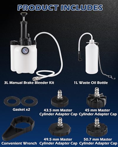 3L Brake Fluid Bleeder Kit w/ 1L Catch Bottle, Pressure Brake Bleeding Tool, Manual Power Bleeder Pump for Flush Brakes and Clutch Systems, Includes 43.5/45/49.5/50.7mm Master Cylinders Caps - color: White, Bleeder Kit