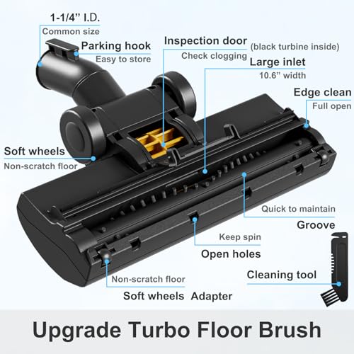 1-1/4" Turbo Brush Vacuum Accessory, as 1.25 Inch Shopvac Canister Universal Wet Dry Vac Floor Head Attachment, Ideal for Pet Hair Removal on Carpets Area Rugs Hardfloors (Turbo Brush)
