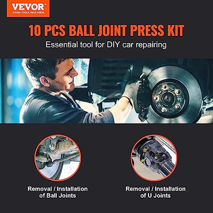 VEVOR Ball Joint Press Kit, 10 pcs Tool Kit, C-Press Ball Joint Remove and Install Tools, for Most 2WD and 4WD Cars, Heavy Duty Ball Joint Repair Kit for Automotive Repairing - style: 10 PCS