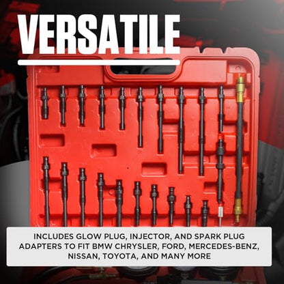 Petrol & Diesel Engine Compression and Leakage Test Kit – 47PCS Comprehensive Pressure Gauge Tool Set for Diagnosing Engine Issues Fits for Most Cars, Trucks and Motorcycles - color: Red