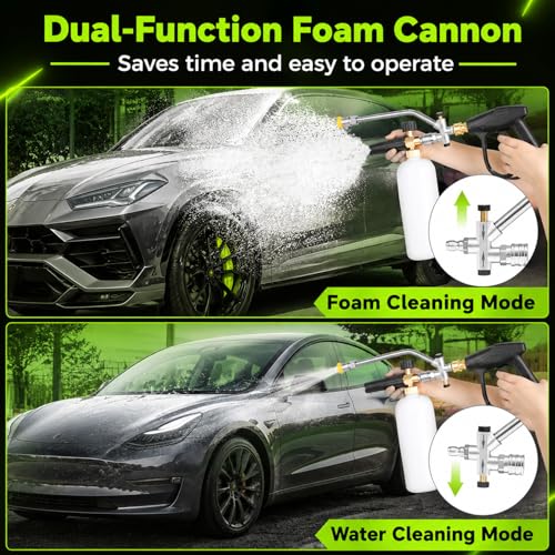 XOOL Pressure Washer Foam Cannon with Dual Connector, Car Wash Foam Gun Kit 1/4 Inch Quick Connector with 5 Power Washer Sprayer Nozzles, 5M Water Hose, Adapter, Cleaning Gloves, 1 Liter