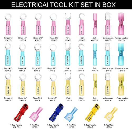Home Marine Automotive Electrical Tool Kit Set with Wire Connectors Terminals.Essential Accessories for Connections and Repairs Complete in a Portable Tool Box Organizer with Crimper