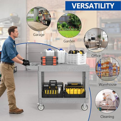 Large Garage Flat Top Utility Cart, Heavy Duty 2 Shelf Tool Cart Service Cart Rolling Push Carts with Ergonomic Handle 5" Swivel Casters. - color: Gray, size: 46 x 25 Inch