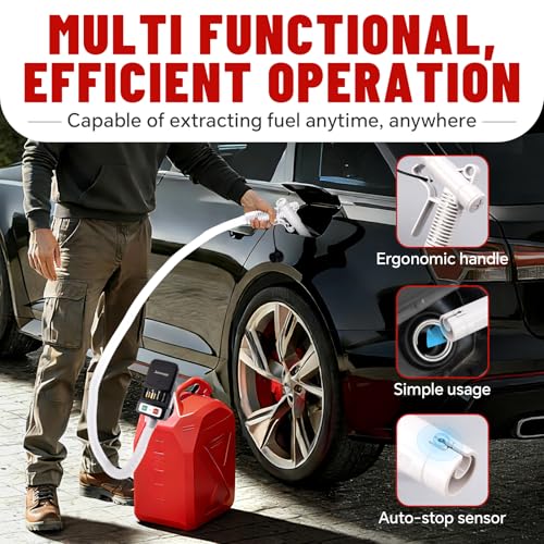 Portable Fuel Transfer Pump with Auto-Stop, 51" Extra Long Hose, 3.2 Gallon per Min, 4 Can Adapters and Leak protection, Automatic Powered Gas Pump for Oil, Diesel and Gasoline
