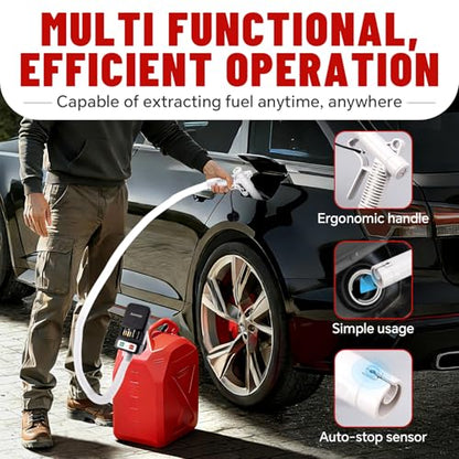 Portable Fuel Transfer Pump with Auto-Stop, 51" Extra Long Hose, 3.2 Gallon per Min, 4 Can Adapters and Leak protection, Automatic Powered Gas Pump for Oil, Diesel and Gasoline