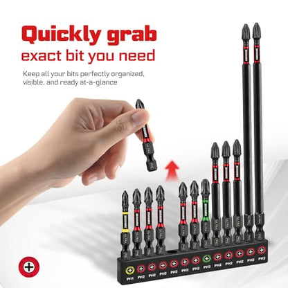 Geinxurn 13pcs Impact #1#2#3 Phillips Screwdriver Bits Set, 2” 3” 6” (PH1/PH2/PH3) Magnetic S2 Steel Cross Driver Bits Set and 1pc 3” Impact Bit Holder with Color Coded Base - size: 14pcs-Mix-PH