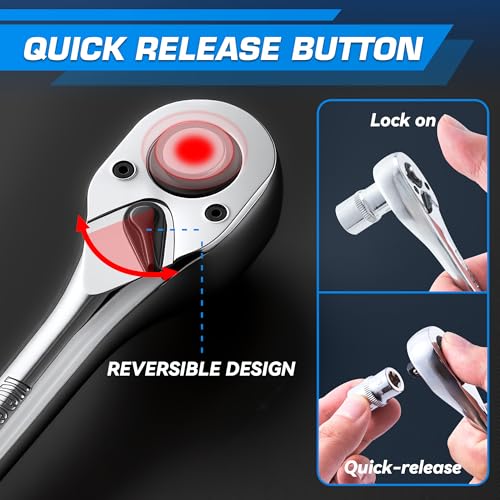 KOOPOOL 3-Piece Ratchet Set, 1/4", 3/8", 1/2" Drive | 72-Tooth, Quick Release, Reversible Socket Wrench, Chrome Alloy