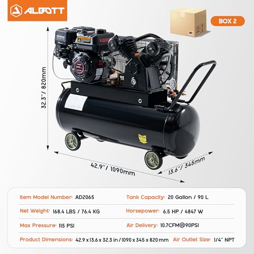 Albott 6.5HP Gas Air Compressor, 20 Gallon Portable Horizontal Tank | 196cc Loncin Engine Max 115PSI Pressure Pneumatic Tool Compatible Commercial and Residential Use - size: 20 Gal