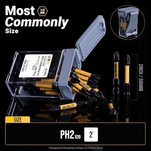 TGFTGF 20-Piece #2 Phillips Bits, 2 Inch S2 Alloy Steel Phillips Impact Driver Bits, Magnetic CNC Machined Tips PH2 Bits, Long-Lasting Torque Transfer Driver Bit Set With Storage Box, Automotive Home