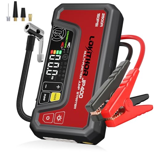 LOKITHOR JP400 Jump Starter with Air Compressor, 2500A 12V Portable Car Battery Booster Pack (8.5L Gas/6.5L Diesel) with ConnectMax Tech, 150PSI Tire Inflator, Auto-Shutoff & Dynamic Dwell (Red) - color: Red