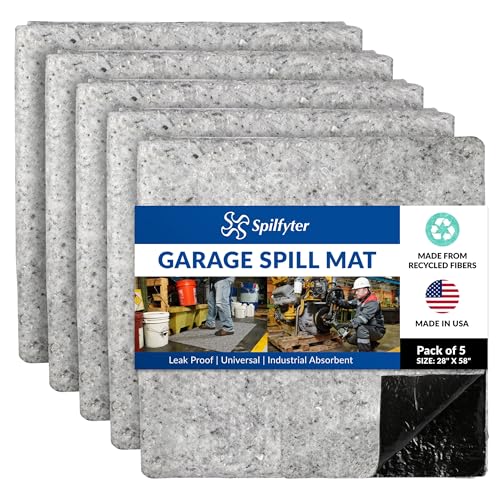 Spilfyter Garage Floor Mat 28" x 58" Universal Shop, Mechanic and Garage Oil Spill Mat with Non-Slip Poly Backing, Absorbs Coolants, Solvents, Water, and Other Liquids - Pack of 5