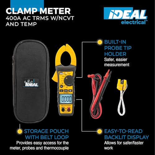IDEAL INDUSTRIES INC. 61-737 Digital AC Clamp Multi Meter 400 Amp 600-Volt, Red Electrical Clamp Meter, CAT III 600V | 0–400A AC, 0–600V AC/DC, TRMS, NCV, Diode Testing, Backlit Display, Probe Holder