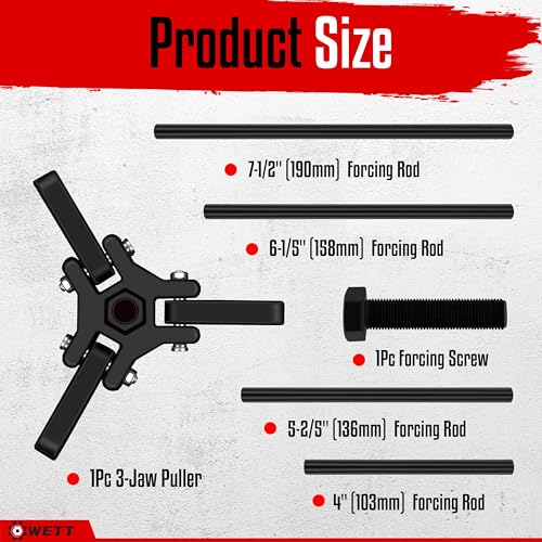 WETT Harmonic Balancer Puller Set, Heavy Duty Adjustable 3 Jaw Pulley Puller Tool, 3/8” Square Drive, Push Bolt, Forcing Rods, Removing Harmonic Dampers and Balancers, Automotive Repair