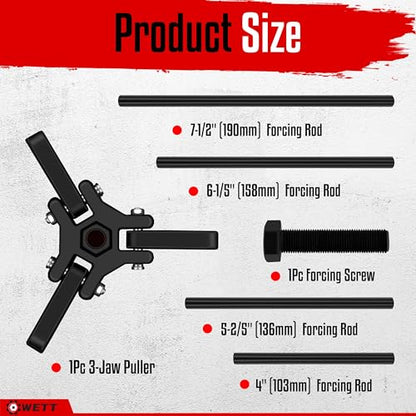 WETT Harmonic Balancer Puller Set, Heavy Duty Adjustable 3 Jaw Pulley Puller Tool, 3/8” Square Drive, Push Bolt, Forcing Rods, Removing Harmonic Dampers and Balancers, Automotive Repair