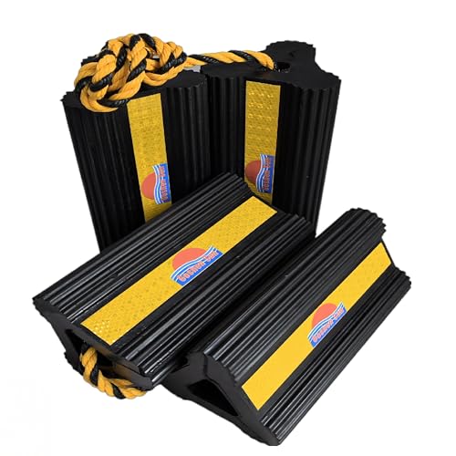 Goshen Sun- Heavy Duty Rubber Wheel Chocks with Reflective Strips,4-Piece (8.25x4.5x4 Inch),All-Weather, Non-Slip,Wear-Resistant & Portable Parking Security for Airplan, RV, Trailer (2-Pair, Yellow)