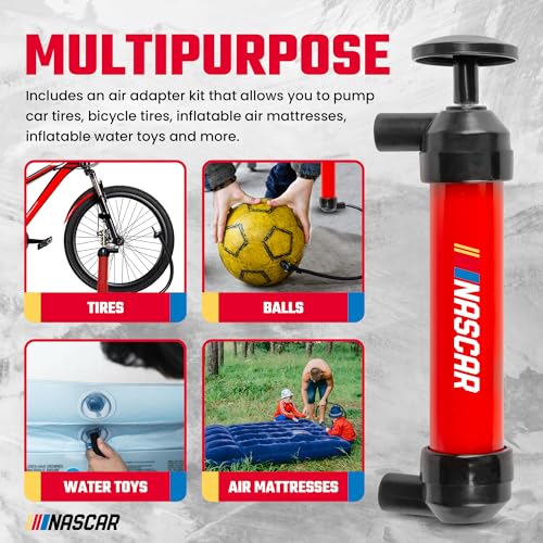 NASCAR Transfer Pump, Multi-Use Siphon Fuel Transfer Pump Kit for Gas Oil and Liquids, Leak-Free Gasoline Portable Fluid Transfer & Air Pump Kit for Water, Tires & More, Red & Black