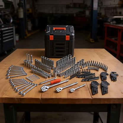 VEVOR 297 PCS Mechanic Tool Set with 4-Drawer Tool Box 1/4" 3/8" 1/2" Drive | SAE & Metric Socket Set, Car and Motorcycle Tool Kit with Combination Wrenches, Bits, Ratchets, Spark Plug Sockets - size: 1/4"&3/8"&1/2", style: 297 PCS