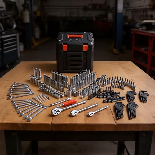 VEVOR 297 PCS Mechanic Tool Set with 4-Drawer Tool Box 1/4" 3/8" 1/2" Drive | SAE & Metric Socket Set, Car and Motorcycle Tool Kit with Combination Wrenches, Bits, Ratchets, Spark Plug Sockets - size: 1/4"&3/8"&1/2", style: 297 PCS