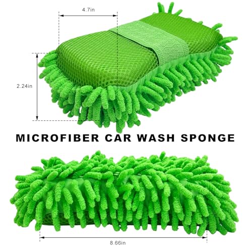 Microfiber Car Wash Sponge, Scratch-Free Vehicle Washing Mitt with Chenille & Mesh Sides, Highly Absorbent Sponge Lint-Free Cleaning Tool for Car Washing & Detailing (Green) - color: Green