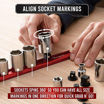 Precision Defined Aluminum Tool Socket Holder 3-Piece Set | Red, 1/4-Inch x 16 Clips, 3/8-Inch x 16 Clips, 1/2-Inch x 14 Clips | 360 Rotation - Heavy Duty Socket Rails Organizer, Socket Storage - color: Red