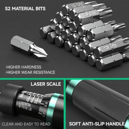 Torque Screwdriver,8-70 in.lb(1/4" Drive) Inch Pound Torque Wrench with S2 Steel Bits & Case - torque screwdriver for gunsmithing.