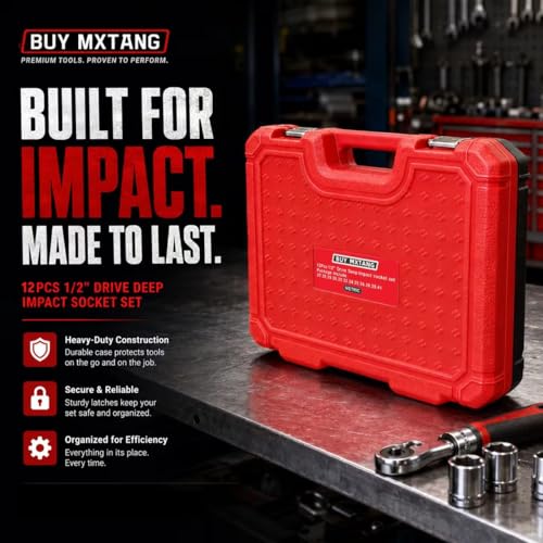 12 PCS 1/2''Drive Deep Impact Socket Set,Extended Socket Set, 6-Point Metric Size 27mm, 28mm, 29mm, 30mm, 32mm, 33mm, 34mm, 35mm, 36mm, 38mm, 39mm, 41mm Socket, Cr-Mo Steel,Heavy Duty Socket Set - size: 1/2 12PCS Socket Set Metric