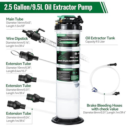 9.5 L/2.5 Gallon Oil Extractor Pump Pneumatic/Manual, Fluid Extractor Oil Change Pump Extractor with 5 Tubes and A Brake Bleeding Hose for Automotive, Boats - size: 9.5L