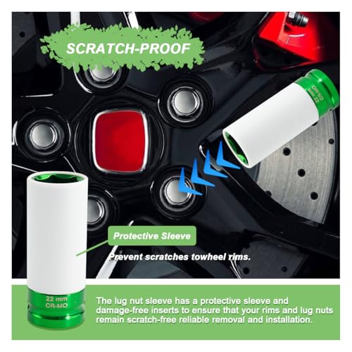 1/2" Drive 22 mm Lug Nut Impact Socket, CR-MO Thin Wall Deep Lug Nut Socket, Non-Marring Wheel Rim Protector Sleeve, Auto Tire Repair Maintenance Accessories (22MM) - size: 22MM