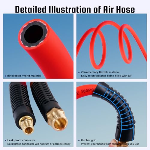 Truck Tire Inflator Kit, 3/8” x 50FT Hybrid Air Hose with 1/4" Chuck and 1/2" NPT Universal Gladhand Connection - color: Red