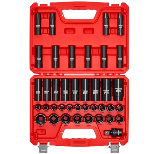VEVOR 39-Piece Impact Socket Set 1/2" Drive, Metric (9 to 30 mm) Size, Deep & Shallow, 6-Point, CR-V, Universal Joint, Heavy Duty Carrying Case - style: 1/2" 39 PCS