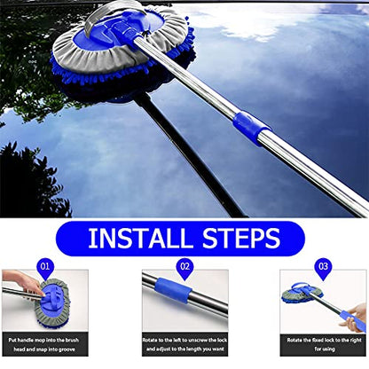 WillingHeart 47.5" Car Wash Brush Mop Cleaning Tool with Long Handle Kit for Washing Detailing Cars Truck, SUV, RV, Trailer, Boat 2 in 1 Chenille Microfiber Sponge Duster Not Hurt Paint Scratch Free - color: Blue
