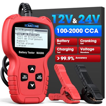 MA500 Car Battery Tester, 9V - 30V Digital Automotive Alternator Meter Diagnostic Tool 100-2000 CCA Load Capacity Auto Charging & Cranking Analyzer for Car Truck Motorcycle Boat RV ATV Yacht