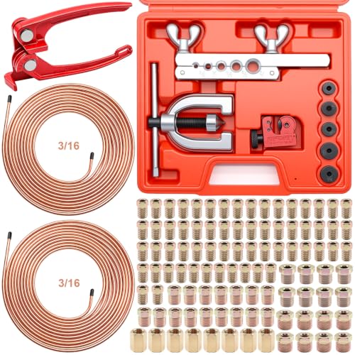 3/16 Inch Brake Line Repair Kit, 2 Set 25FT 3/16 Inch Brake Line with 102Pcs Fittings (Includes 8 Unions) and Double & Single Brake Line Flaring Tool Kit & Brake Line Bender(Gold) - size: 3/16 + 3/16 Inch Silver, style: Brake Line Kit & Tube Bender