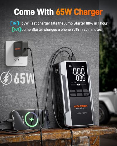 WOLFBOX 4000A Jump Starter with Air Compressor, 88.8Wh Car Battery Jumper Starter Portable(10L Gas/10L Diesel), 12V Booster Jump Box Pack with 160PSI Tire Inflator, 65W Fast Charger, Jumper Cables - size: 4000A + 65W Charger