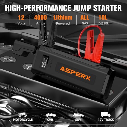 ASPERX Car Jump Starter, 4000A Peak Battery Starter for All Gas or 10.0L Diesel Engines, 12V Battery Starter, Jump Box with USBA, Lithium Battery Booster with Built-in LED Light - color: Ink