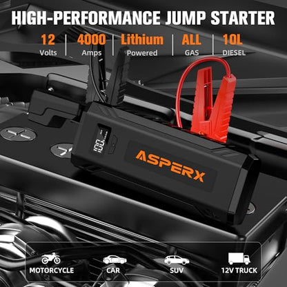 ASPERX Car Jump Starter, 4000A Peak Battery Starter for All Gas or 10.0L Diesel Engines, 12V Battery Starter, Jump Box with USBA, Lithium Battery Booster with Built-in LED Light - color: Ink