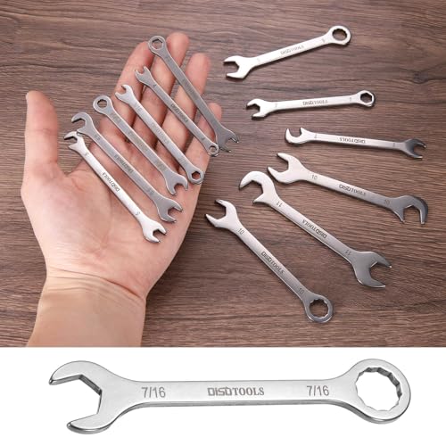 HARFINGTON 2pcs Thin Combination Wrench 7/16" Offset 6-Point Ended Box & 15° Angled Open End Mini Combination Wrench 30Cr13 Stainless Steel Quenching Polish Metric Spanner for Auto Repairs - size: 7/16"