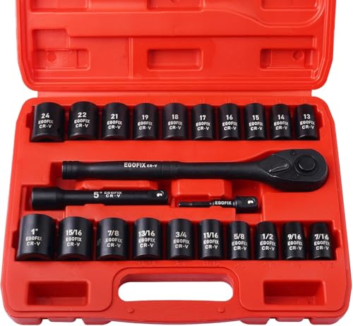 1/2" Drive Impact Socket Set, 23 Piece Metric (13-19, 21, 22, 24mm) and SAE (7/16 to 1 inch) Tool Set with 72 Tooth Reversible Ratchet, with Storage Box for Auto Repairing - style: 1/2-23PCS